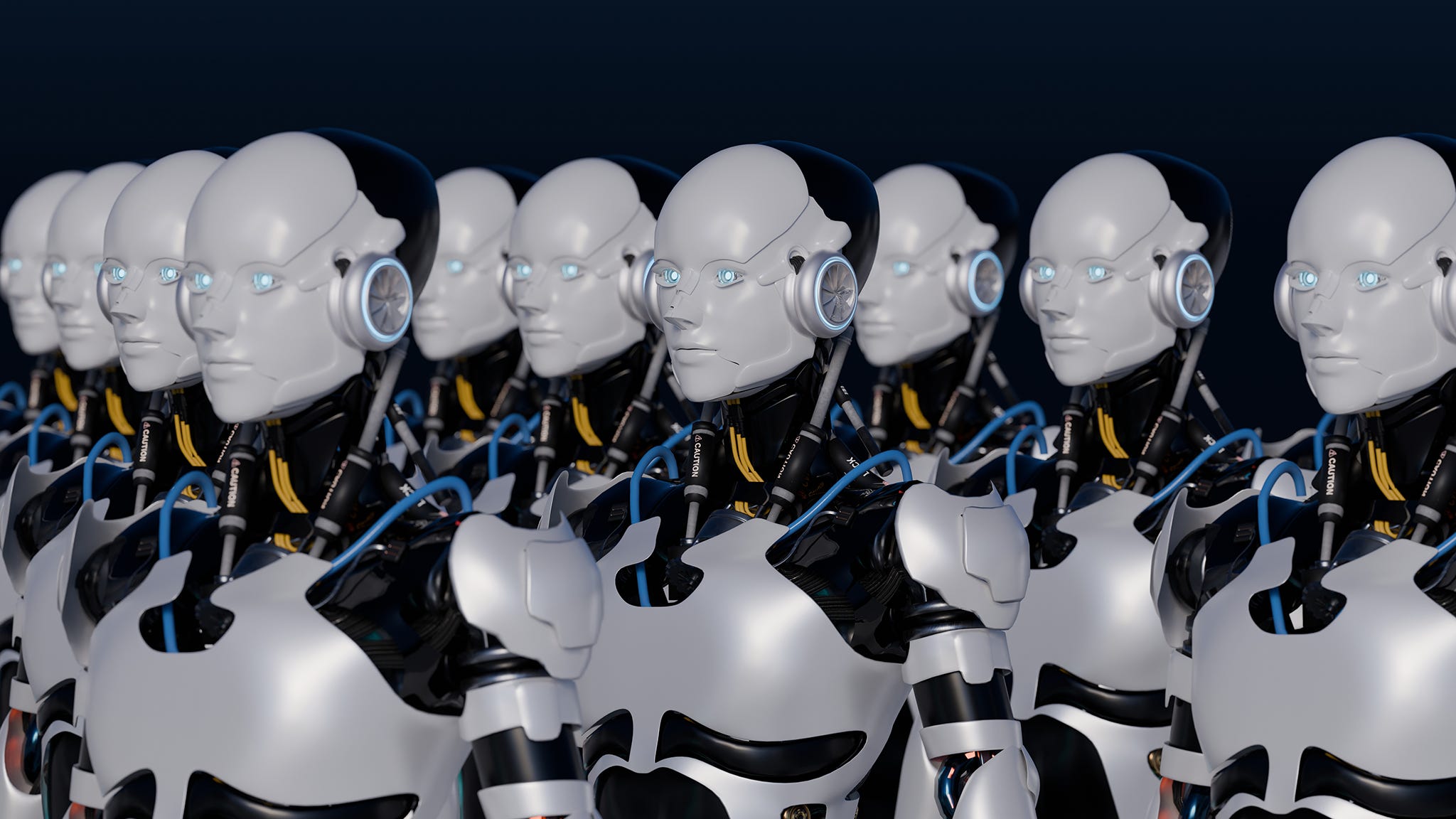 Render sekelompok robot humanoid AI dalam barisan dan garis