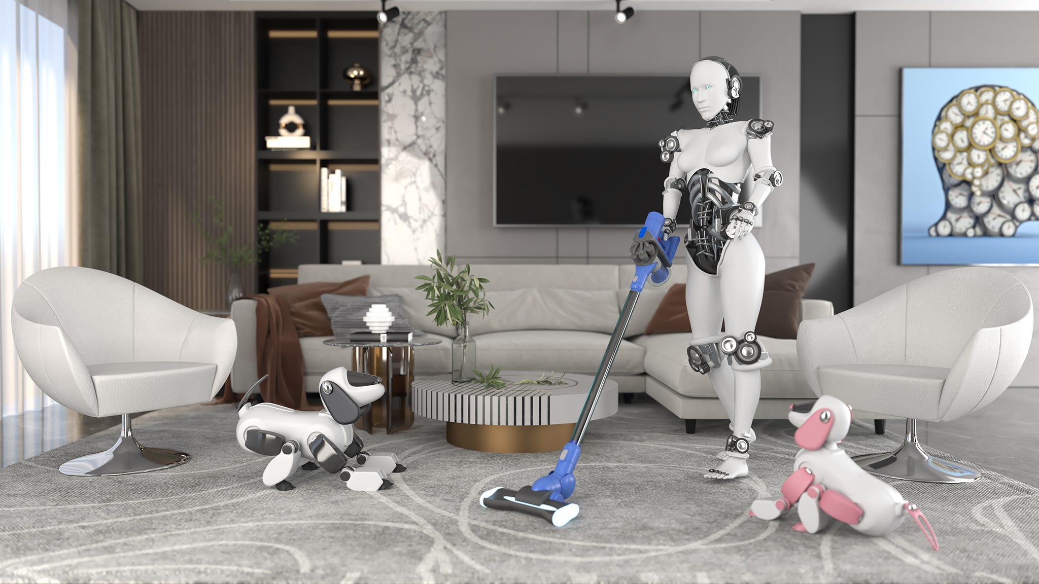 Robot humanoid wanita bekerja di ruang tamu, membersihkan rumah menggunakan penyedot debu. Robot 3D cgi konseptual berteknologi tinggi melakukan pekerjaan rumah